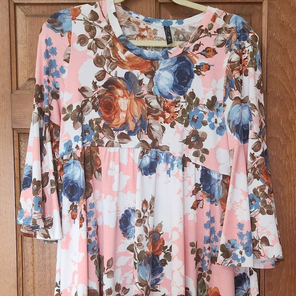 Glitzy Girlz Boutique Floral Blouse with Bell Sleeve - One Size